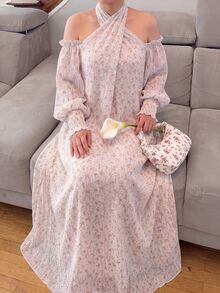 Yasveil 女款淡粉色碎花保守風 Abaya 洋裝，掛脖露肩泡泡長袖飄逸中長洋裝，穆斯林女士秋季休閒派對洋裝 - 粉色 - 查看 6