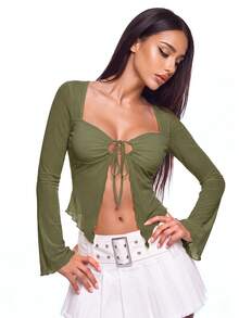 Sweetina Y2k Cute Front Drawstring Sweetheart Sheer T-Shirt Festival Fall Outfits - Army Green - View 1
