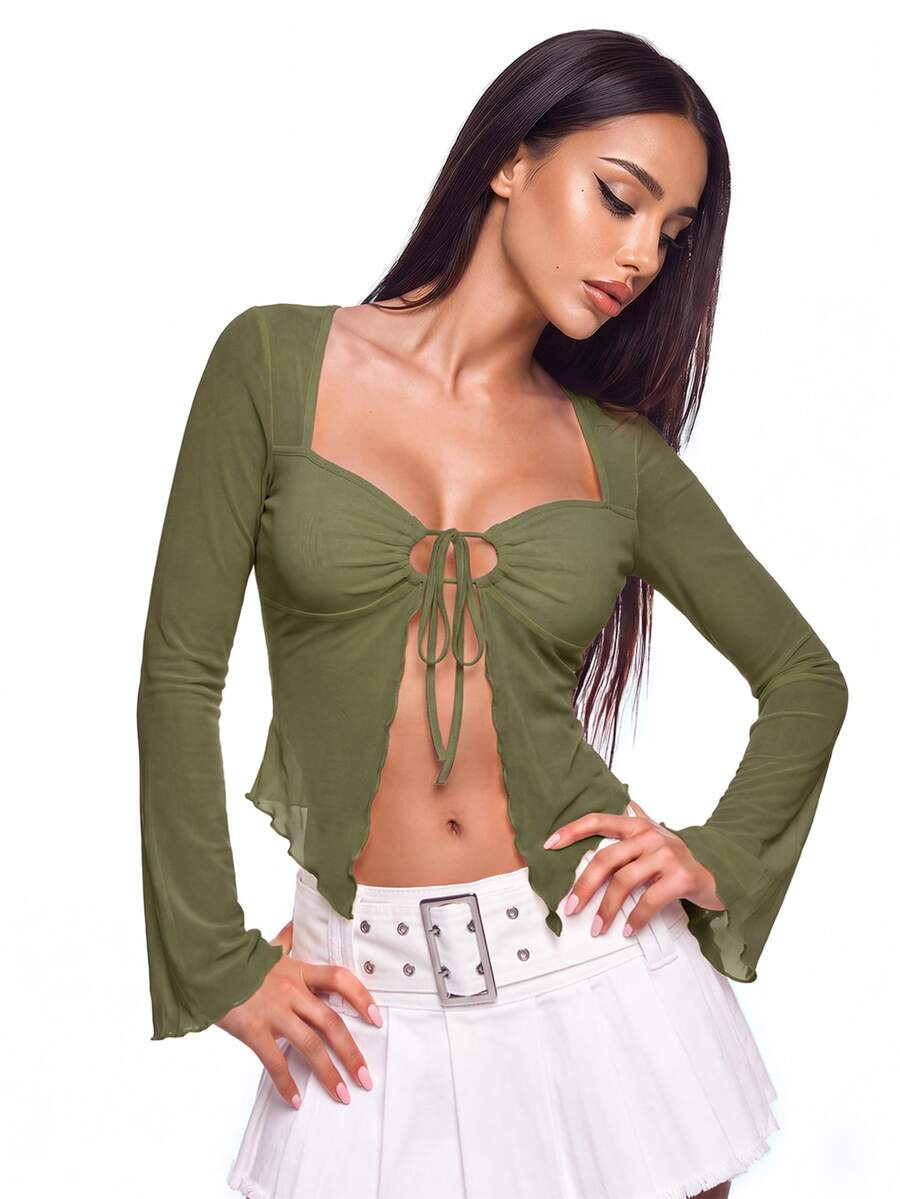 Sweetina Y2k Cute Front Drawstring Sweetheart Sheer T-Shirt Festival Fall Outfits - Army Green - View 1