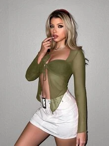 Sweetina Y2k Cute Front Drawstring Sweetheart Sheer T-Shirt Festival Fall Outfits - Army Green - View 6