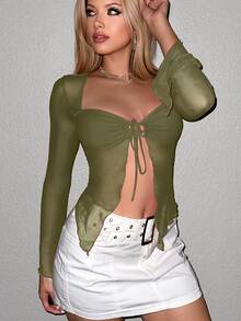 Sweetina Y2k Cute Front Drawstring Sweetheart Sheer T-Shirt Festival Fall Outfits - Army Green - View 4