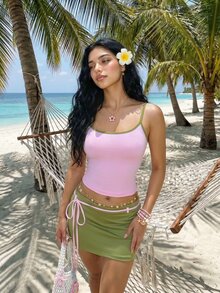 Sweetina Sexy Vacation Colorblock Trim Adjustable Strap Tank Top & Bodycon Mini Skirt 2-Piece Set For Women - Pink - View 6