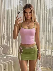 Sweetina Sexy Vacation Colorblock Trim Adjustable Strap Tank Top & Bodycon Mini Skirt 2-Piece Set For Women - Pink - View 1