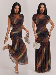 SHEIN PETITE Stylish, Elegant, Multi-Colored Summer Dress With A Watercolor-Style Print For Petite Women. - Multicolor - View 4
