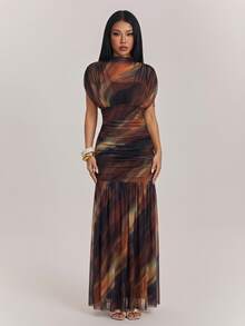 SHEIN PETITE Stylish, Elegant, Multi-Colored Summer Dress With A Watercolor-Style Print For Petite Women. - Multicolor - View 5