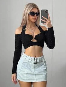 SHEIN ICON Top Court À Lien Anneau Découpé - Noir - Voir 1