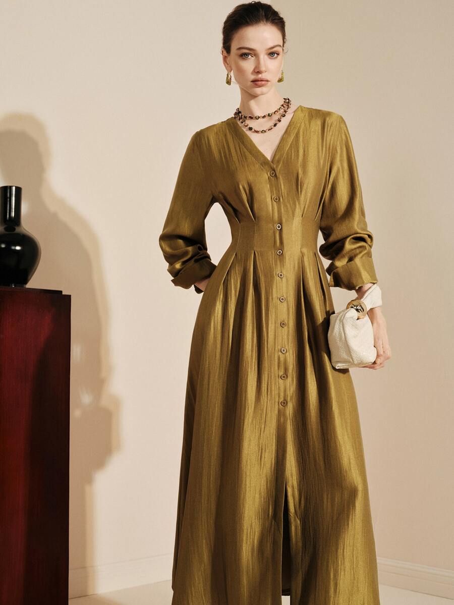 Arave Women's Dress Slim A-Line Satin V Neck Button Up Ruched Cinched Long Sleeve Elegant Vintage Gold Mustard Textured Fall Clothes For Women Thanksgiving - Mustard Yellow - View 1