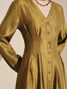 Arave Women's Dress Slim A-Line Satin V Neck Button Up Ruched Cinched Long Sleeve Elegant Vintage Gold Mustard Textured Fall Clothes For Women Thanksgiving - Mustard Yellow - View 2