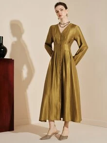 Arave Women's Dress Slim A-Line Satin V Neck Button Up Ruched Cinched Long Sleeve Elegant Vintage Gold Mustard Textured Fall Clothes For Women Thanksgiving - Mustard Yellow - View 9