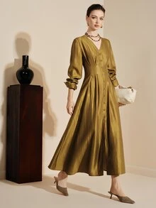 Arave Women's Dress Slim A-Line Satin V Neck Button Up Ruched Cinched Long Sleeve Elegant Vintage Gold Mustard Textured Fall Clothes For Women Thanksgiving - Mustard Yellow - View 4