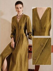 Arave Women's Dress Slim A-Line Satin V Neck Button Up Ruched Cinched Long Sleeve Elegant Vintage Gold Mustard Textured Fall Clothes For Women Thanksgiving - Mustard Yellow - View 8