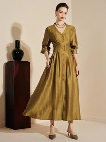 Arave Women's Dress Slim A-Line Satin V Neck Button Up Ruched Cinched Long Sleeve Elegant Vintage Gold Mustard Textured Fall Clothes For Women Thanksgiving - Mustard Yellow - View 7