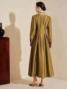 Arave Women's Dress Slim A-Line Satin V Neck Button Up Ruched Cinched Long Sleeve Elegant Vintage Gold Mustard Textured Fall Clothes For Women Thanksgiving - Mustard Yellow - View 5