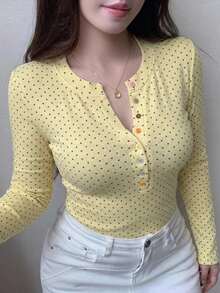 Dazy Plus Cream Yellow Rainbow Colorful Button Decor Slim Fit Long Sleeve Spring Summer Autumn New Sexy T-Shirt - Pale Yellow - View 5