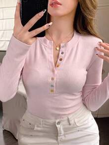 Dazy Plus Cream Yellow Rainbow Colorful Button Decor Slim Fit Long Sleeve Spring Summer Plus Size Autumn New Sexy T-Shirt - Pink - View 4