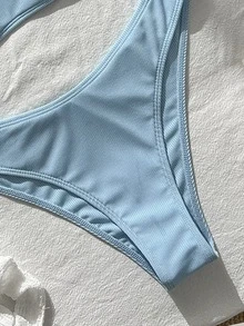 SHEIN Swim Women's Solid Color Minimalist Bikini Set, Vacation Beach Wear - Baby Blue - View 4
