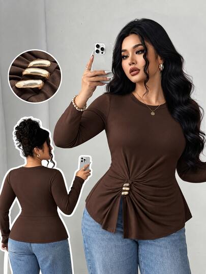 Elenzga Plus Size Women's Autumn/Winter Long Sleeve Minimalist Waist Decor Buckle Split Waist-Cinching Brown Home Casual Base Layer Metal Decor Buckle Versatile T-Shirt