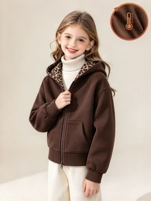 Tween Girls Jacket, Coffee Color, Casual Fit, Warm For Autumn/Winter, Fashionable & Versatile, Autumn, Zipper, Autumn/Winter, Fleece, Solid Color, Hooded, Printed, Cute - Multicolor - View 3