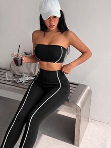 SHEIN Core Rhythm Women's Seamed Sports Yoga Bra & 9/10 Length Leggings Set - Black - View 6
