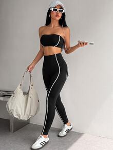 SHEIN Core Rhythm Women's Seamed Sports Yoga Bra & 9/10 Length Leggings Set - Black - View 4