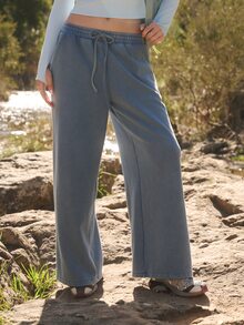 Aralina Women Blue Acid Wash Mid Rise Wide Leg Sweatpants Elastic Drawstring Waist Lounge Yoga Casual Going Out Gym Workout Running Streetwear Pants - Blue - View 3