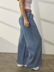 Aralina Women Blue Acid Wash Mid Rise Wide Leg Sweatpants Elastic Drawstring Waist Lounge Yoga Casual Going Out Gym Workout Running Streetwear Pants - Blue - View 9