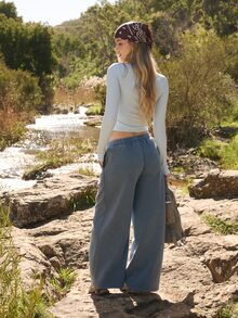 Aralina Women Blue Acid Wash Mid Rise Wide Leg Sweatpants Elastic Drawstring Waist Lounge Yoga Casual Going Out Gym Workout Running Streetwear Pants - Blue - View 6