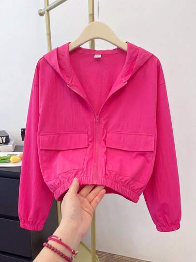 SHEIN 青少年女孩纯色长袖拉链前口袋休闲连帽夹克