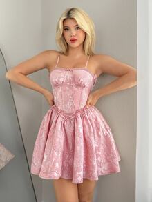 SHEIN ICON Women's Halloween Pink Off Shoulder Party Babydoll Floral Jacquard Ruffle Hem Fashion Slip Mini Dress - Pink - View 5