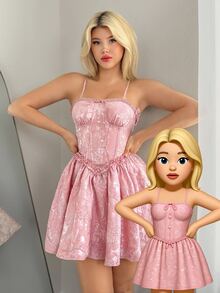 SHEIN ICON Women's Halloween Pink Off Shoulder Party Babydoll Floral Jacquard Ruffle Hem Fashion Slip Mini Dress - Pink - View 4