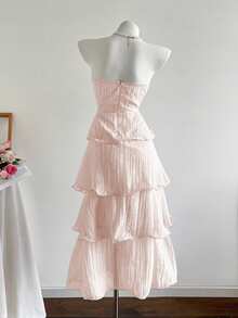 Elamini Solid Color Sexy Strapless Backless Multilayer Dress - Baby Pink - View 2