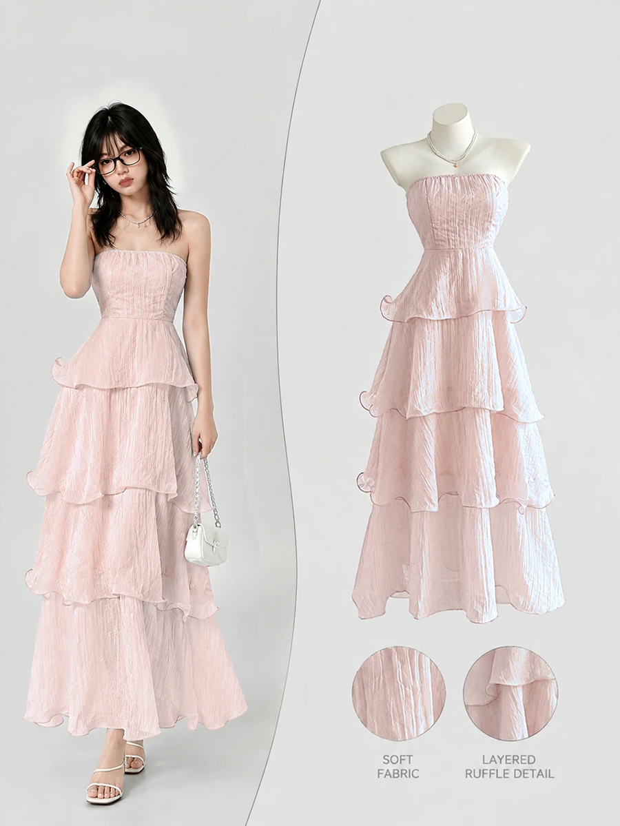 Elamini Solid Color Sexy Strapless Backless Multilayer Dress - Baby Pink - View 1