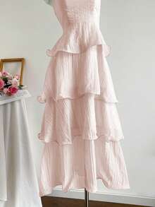Elamini Solid Color Sexy Strapless Backless Multilayer Dress - Baby Pink - View 6