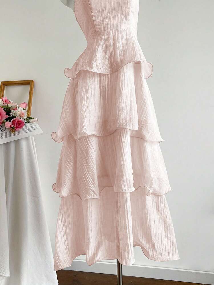 Elamini Solid Color Sexy Strapless Backless Multilayer Dress - Baby Pink - View 6