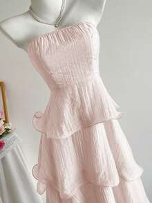 Elamini Solid Color Sexy Strapless Backless Multilayer Dress - Baby Pink - View 4