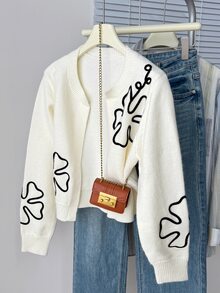SHEIN 兒童青少年女孩開襟衫 秋冬新款 基礎素色杏色 休閒日常優雅 紋理針織花卉圖案 短款長袖開襟衫 返校季 - 白色 - 查看 3