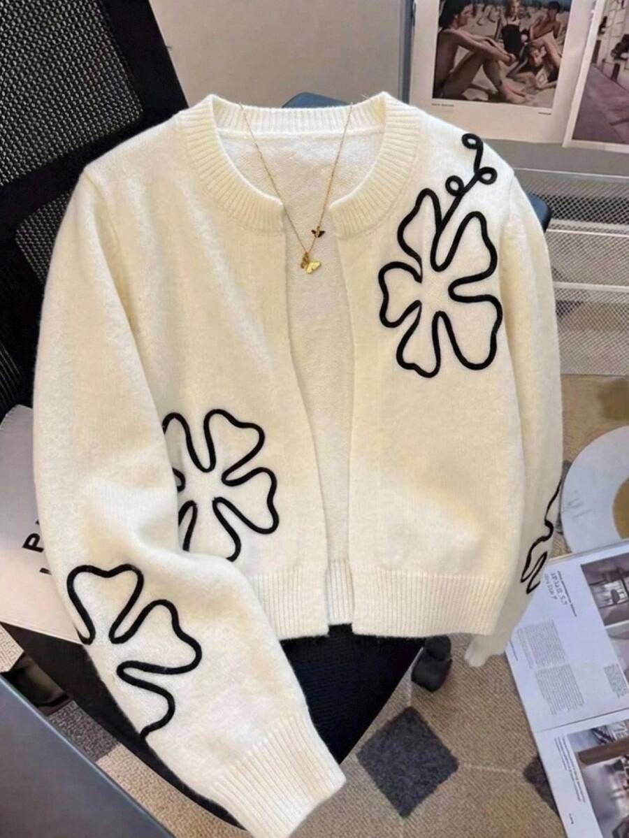 SHEIN 兒童青少年女孩開襟衫 秋冬新款 基礎素色杏色 休閒日常優雅 紋理針織花卉圖案 短款長袖開襟衫 返校季 - 白色 - 查看 1