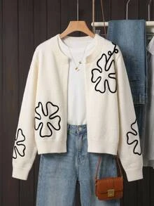 SHEIN 兒童青少年女孩開襟衫 秋冬新款 基礎素色杏色 休閒日常優雅 紋理針織花卉圖案 短款長袖開襟衫 返校季 - 白色 - 查看 6