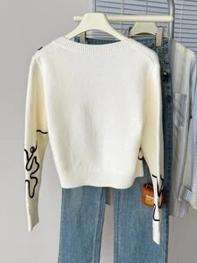 SHEIN 兒童青少年女孩開襟衫 秋冬新款 基礎素色杏色 休閒日常優雅 紋理針織花卉圖案 短款長袖開襟衫 返校季 - 白色 - 查看 8
