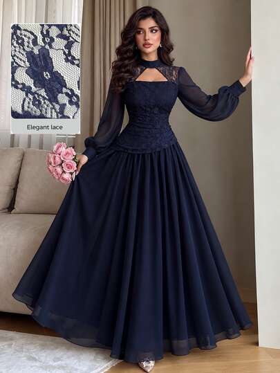 Modelyn Mock Neck Cut Out Front Lace Bodice Chiffon Top Flare Skirt Set Wedding Dinner Navy Blue Winter Clothes Mature Elegant