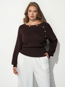 Maija Plus Size Casual Smart Classy Elegant Knit Top Fall Office Formal Evening Club Black And Gold - Rust Brown - View 5