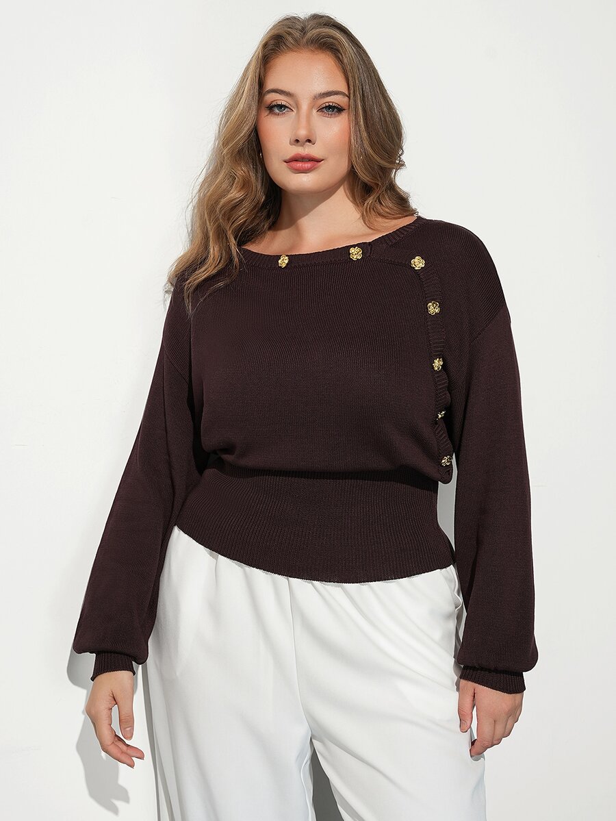 Maija Plus Size Casual Smart Classy Elegant Knit Top Fall Office Formal Evening Club Black And Gold - Rust Brown - View 1