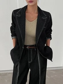 DAZY Women's Loose Two-Tone Denim Suit Pants Long Sleeve Tops - Dark Grey - View 6