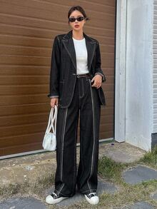 DAZY Women's Loose Two-Tone Denim Suit Pants Long Sleeve Tops - Dark Grey - View 9