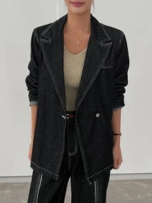 DAZY Women's Loose Two-Tone Denim Suit Pants Long Sleeve Tops - Dark Grey - View 2
