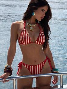 Bonvoyette Women's Striped Spaghetti Strap Print Fashion Swimwear Set - Burgundy - View 1