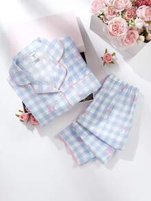 SHEIN 2pcs Set Tween Girl Apricot Cute Cherry Print Loose Long Pants & Short Sleeve Top, Casual & Comfortable Home Outfits - Multicolor - View 7