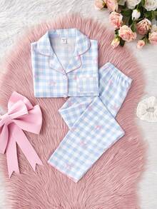 SHEIN 2pcs Set Tween Girl Apricot Cute Cherry Print Loose Long Pants & Short Sleeve Top, Casual & Comfortable Home Outfits - Multicolor - View 6
