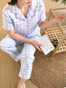 SHEIN 2pcs Set Tween Girl Apricot Cute Cherry Print Loose Long Pants & Short Sleeve Top, Casual & Comfortable Home Outfits - Multicolor - View 5