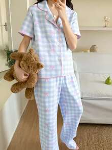 SHEIN 2pcs Set Tween Girl Apricot Cute Cherry Print Loose Long Pants & Short Sleeve Top, Casual & Comfortable Home Outfits - Multicolor - View 2
